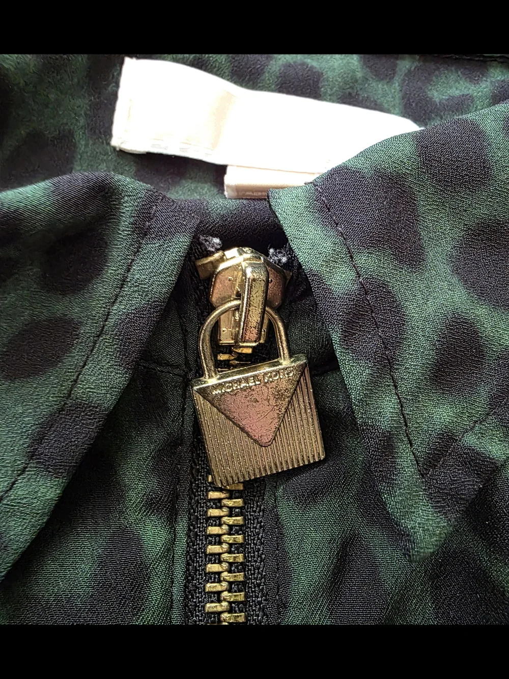 Michael Kors Green and Black Leopard Zip-Front Blouse